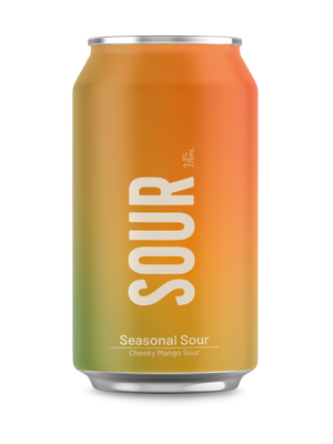 yello, orange and green beer can with the word 'sour' written in white in large bold letters