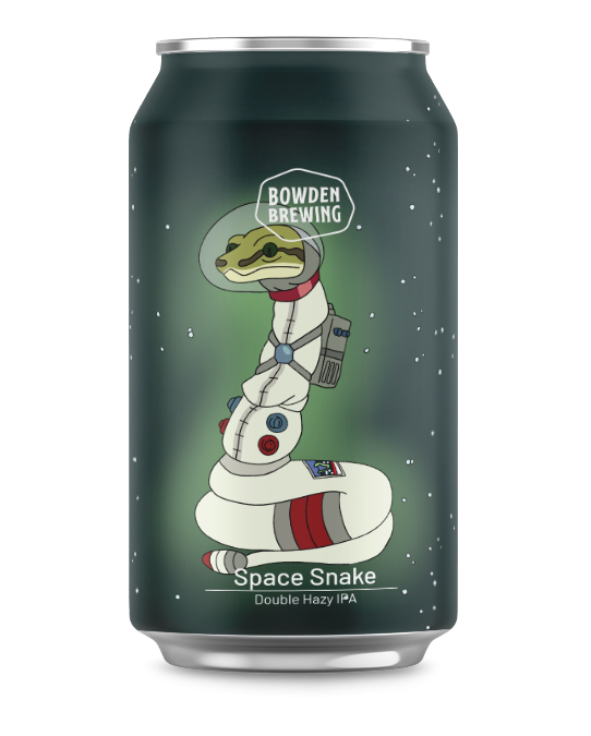 beer can with illustration of snake in an astronaut outfit with a background of space